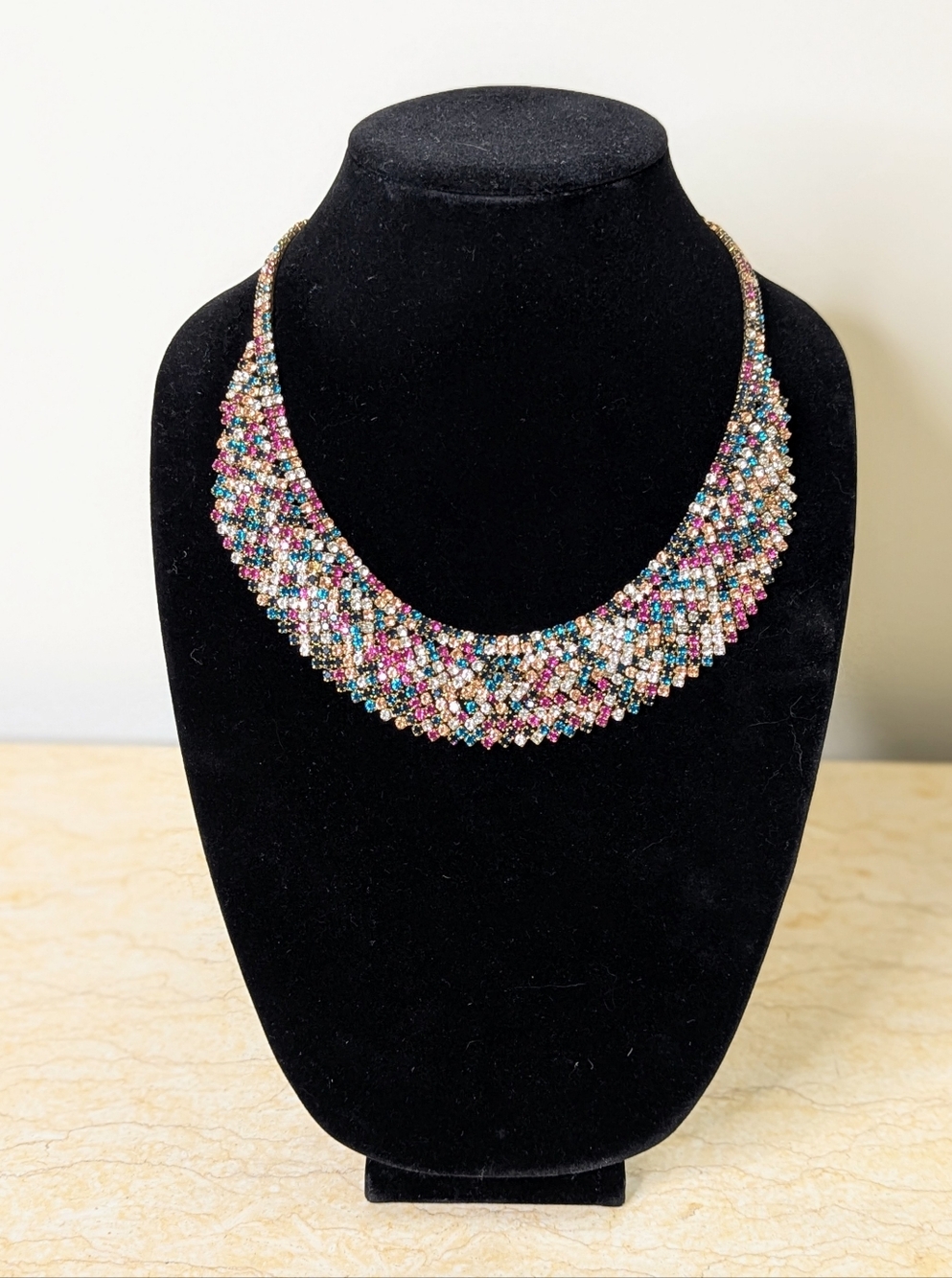 Vintage Natasha Couture Multi Color Rhinestone Gold Tone Bib Statement Necklace